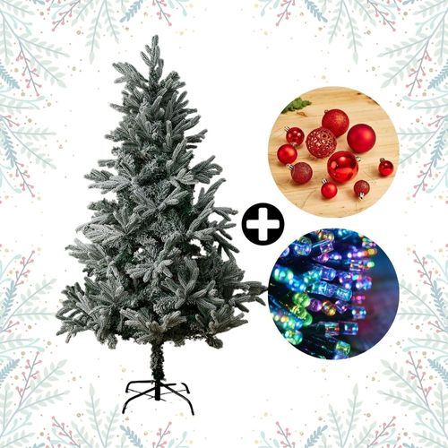 COMBO Navideño Colección Roja Orange: Árbol de Navidad Premium Nevado 180cm + 88 Bolas Rojas + Tira 10m de 200 Luces LED Navideñas Multicolor