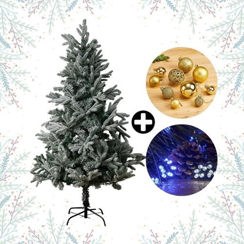 COMBO Navideño Colección Dorada Orange: Árbol de Navidad Premium Nevado 180cm + 88 Bolas Doradas + Tira 10m de 200 Luces LED Navideñas Fría