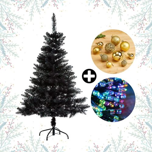 COMBO Navideño Colección Dorada Orange: Árbol de Navidad Radiante Negro 180cm + 88 Bolas Doradas + Tira 10m de 200 Luces LED Navideñas Multicolor