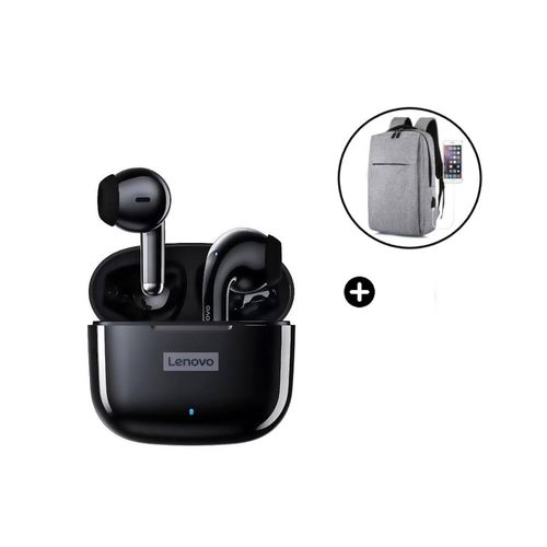 Audífono Lenovo LP40 PRO Negro+Mochila Antirrobo Porta Laptop Usb-Gris