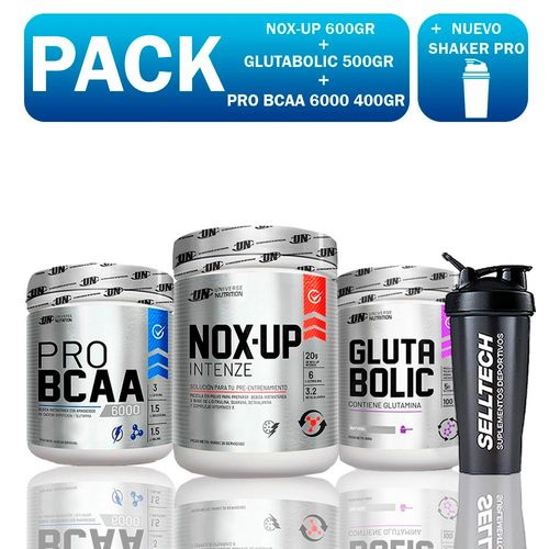 PACK UN NOX-UP 600GR FRUIT PUNCH + BCAA 6000 400GR FRUIT PUNCH + GLUTABOLIC 500GR + 2 SHAKER PRO