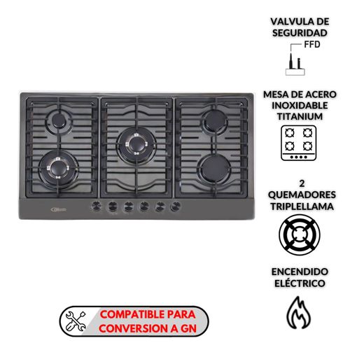 Cocina Empotrable a Gas Klimatic Alina 5 Hornillas, Quemadores Triple Llama y Sistema de Seguridad (