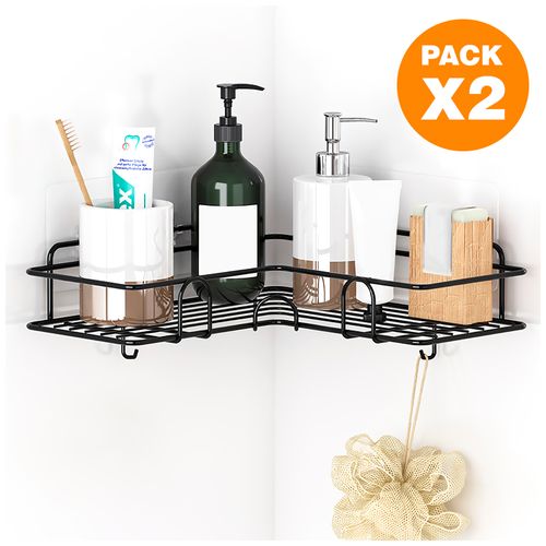 Pack X2 Organizador Esquinero con Ganchos para Baño Negro W16