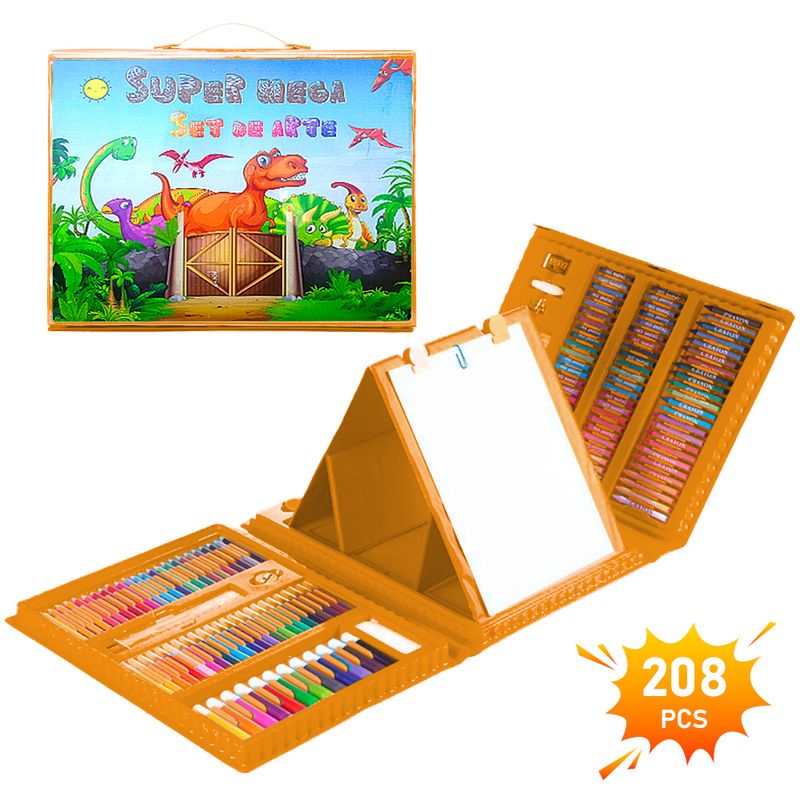 Mega-Set-de-Arte-208-Piezas-Kit-de-Dibujo-Niños-Dino-Naranja