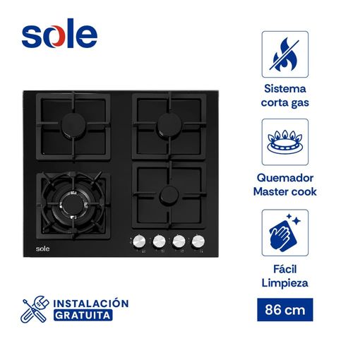 Encimera Empotrable a Gas Sole SOLCO040 4 Quemadores con Vidrio Templado y Parrillas de Hierro Fundi