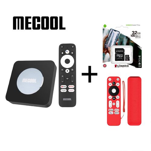 Mecool KM2 Plus + Funda roja protectora para mando + Memoria 32GB Kingston