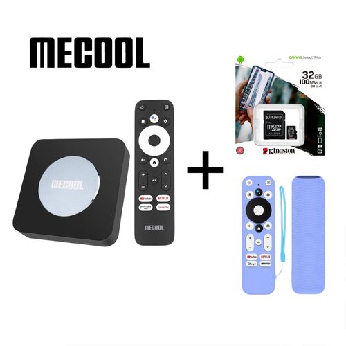 Mecool KM2 Plus + Funda azul luminoso protectora para mando + Memoria 32GB Kingston