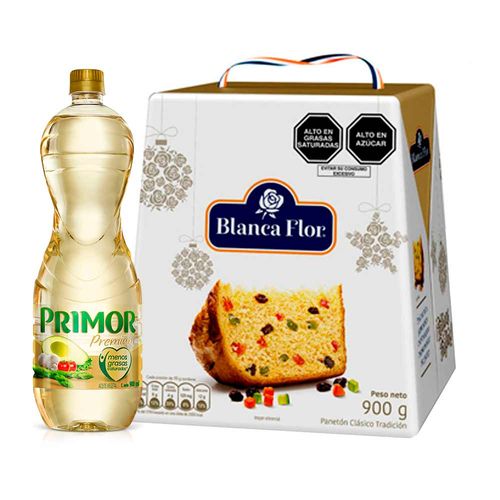 Pack Panetón BLANCA FLOR Caja 900g + Aceite Vegetal PRIMOR Premium Botella 900ml