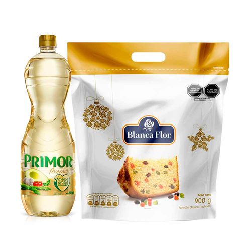 Pack Panetón BLANCA FLOR Bolsa 900g + Aceite Vegetal PRIMOR Premium Botella 900ml