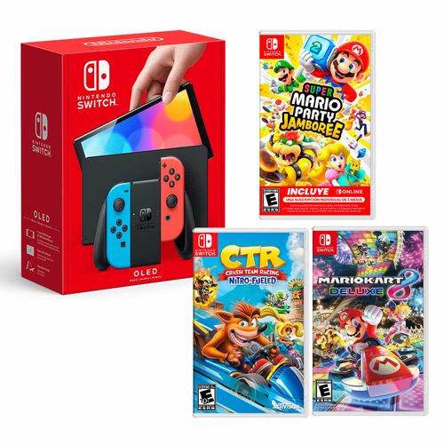 Consola Nintendo Switch Modelo Oled Neon + Mario Party Jamboree+ Mario Kart 8 + Ctr