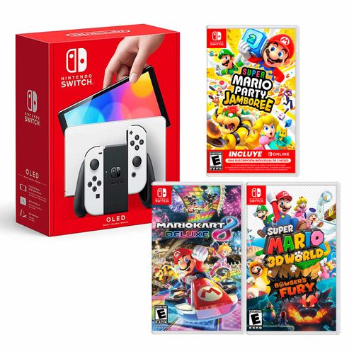 Consola Nintendo Switch Modelo Oled Blanco + Mario Party Jamboree+ Mario Kart 8 + Mario Fury