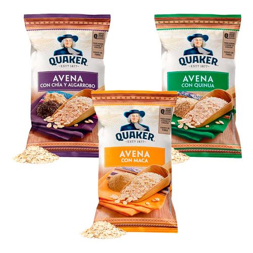 Pack Avena QUAKER Maca 330g + Chía y Algarrobo 330g + Quinua 330g
