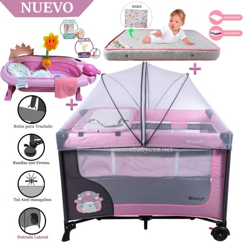 Cuna Corral Ebaby Happy Dream Rosado-Colchón y Bañera