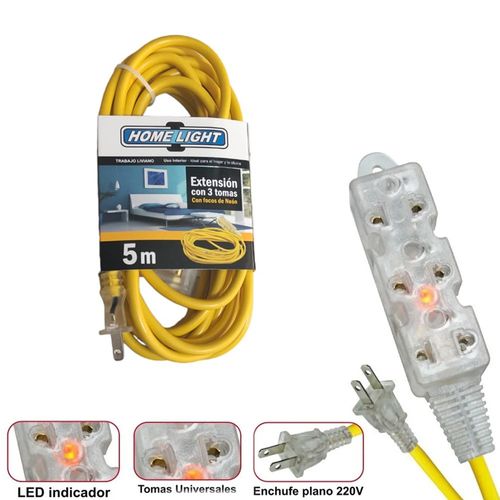 Extensión eléctrica cable vulcanizado de 3 tomas 5 Metros HOME LIGHT