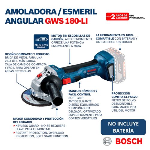 Amoladora inalámbrica 18V profesional GWS 180-LI + 2 baterías +Maletín