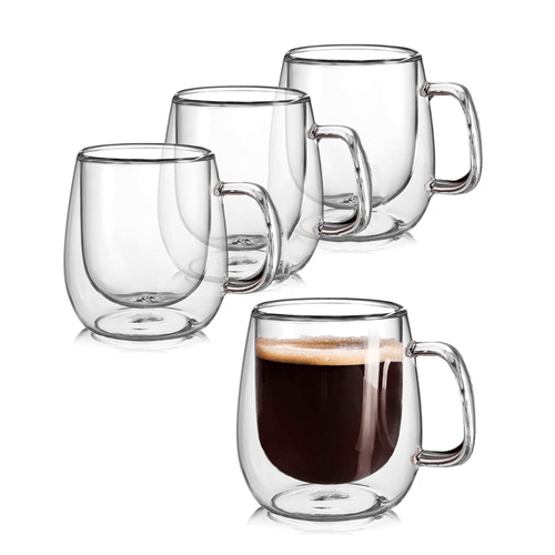 Set de 4 Tazas Doble Pared de Vidrio Base Ancha 450 ml