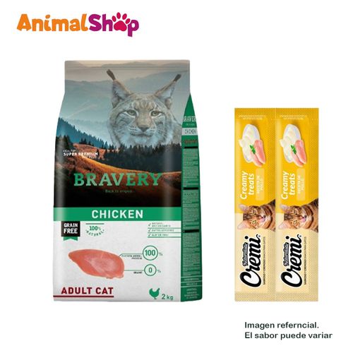 Comida De Gato Adulto Bravery Pollo 2 Kg + 2 Cremi