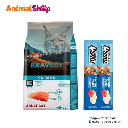 Comida De Gato Adulto Bravery Salmón 2 Kg + 2 Cremi