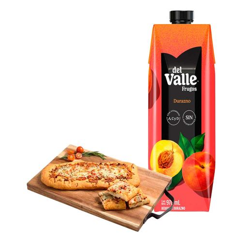 Pack Focaccia con Tomate Refrigerado 1un + Bebida de Durazno FRUGOS Caja 970ml