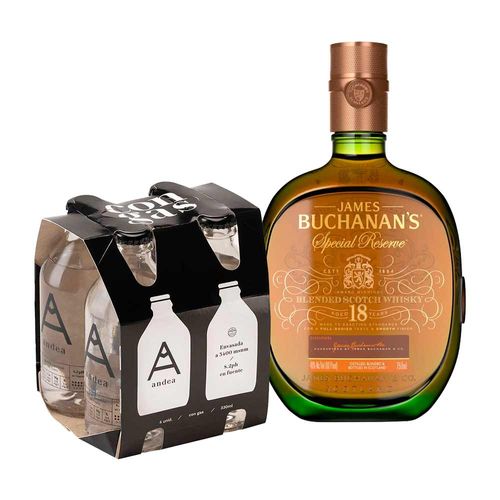 Pack Whisky BUCHANAN'S Special Reserve 18 Años 750ml + Agua con Gas ANDEA Botella Vidrio 330ml x 4un