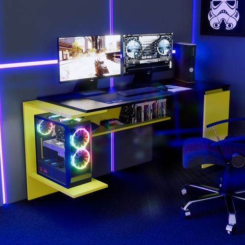 Escritorio Gamer NR 02 167cm 1 Puerta Movenda Negro con Amarillo