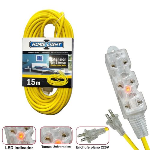 Extensión eléctrica cable vulcanizado de 3 tomas 15 Metros Home LiGHT