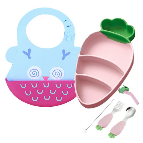 Pack Babero Buho y Set Plato Zanahoria Rosado para bebe