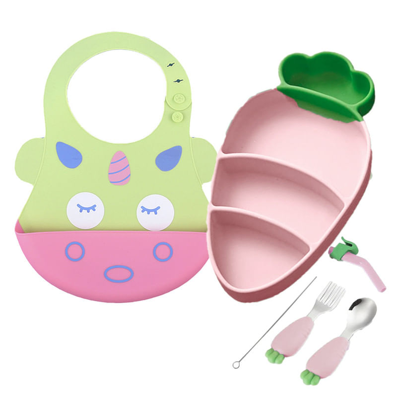 Pack-Babero-Unicornio-y-Set-Plato-Zanahoria-Rosado-para-bebe