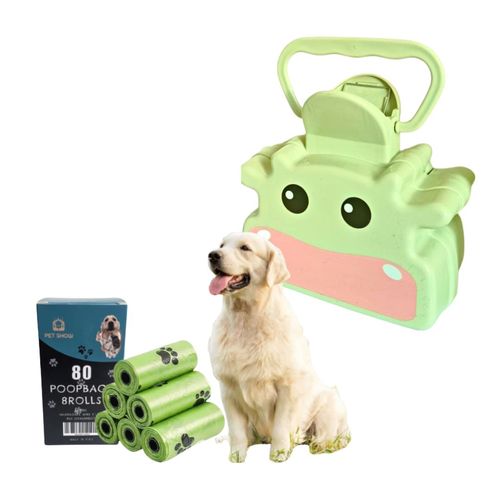 Recogedor De Heces Para Mascotas + 80u Bolsas Biodegradables Ecológicas Verde