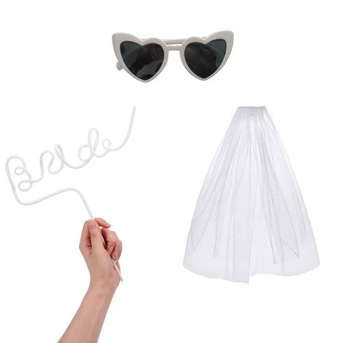 Set playero novia despedida de soltera cañita, lentes corazones y velo blanco