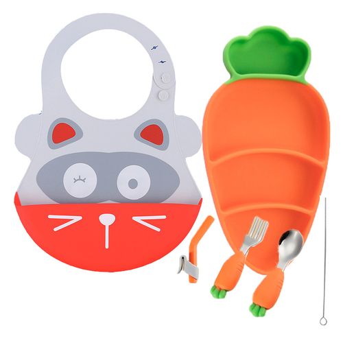 Pack Babero Mapache y Set Plato Zanahoria Naranja para bebe