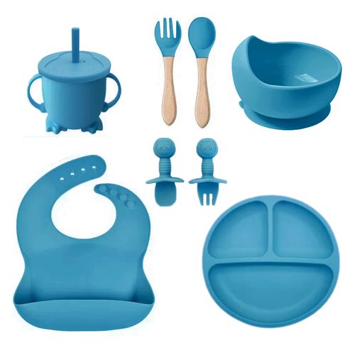 Set plato circular babero cubiertos vaso azul para bebe