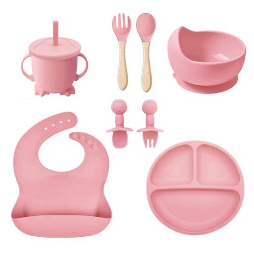 Set plato circular babero cubiertos vaso rosa chicle para bebe