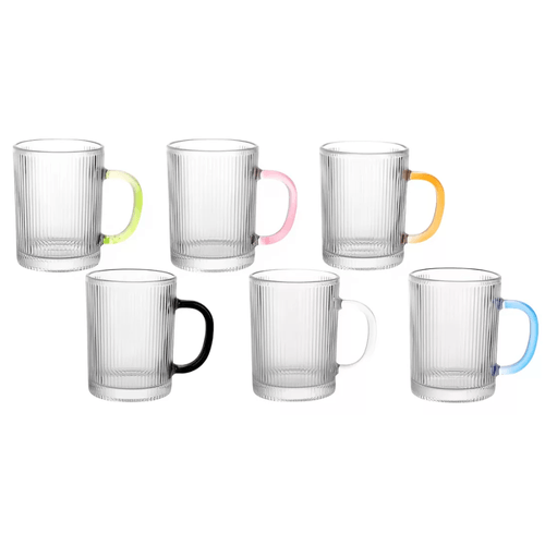 Set de 6 Tazas Acanaladas de Vidrio Asa de Colores 310 ml