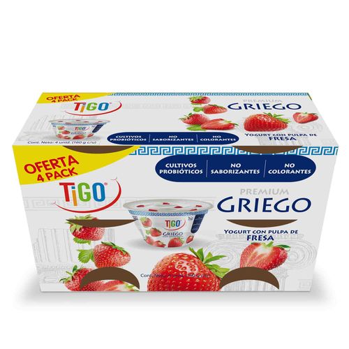 Yogurt TIGO Premium Estilo Griego Fresa Paquete 4un Vaso 160g