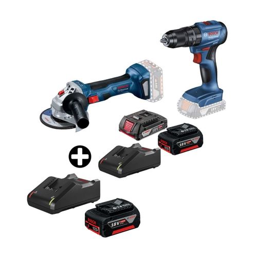 COMBO Bosch: Taladro percutor inalámbrico 1/2" 18V GSB185-LI + Amoladora GWS180-LI 18V + Batería Gba 18V 4.0 Ah + Cargador Gal 18V-40