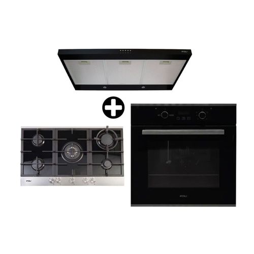 COMBO FDV: Cocina Encimera Empotrable gas Deluxe Chef + Horno Empotrable Vidrio Templado Black 70L + Campana Extractora Class Acero Inoxidable Negro