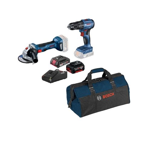 COMBO Bosch: Taladro percutor inalámbrico 1/2" 18V GSB185-LI + Amoladora GWS180-LI 18V + Maletín Porta herramientas mediano hasta 15kg