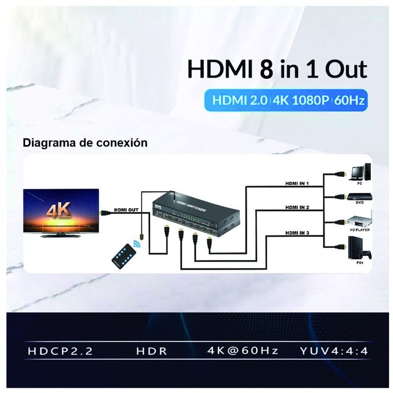 Switch-HDMI-20-8-Puertos-4K-60Hz-3D-HDR-HDCP-22-8x1-18GBps-NETCOM