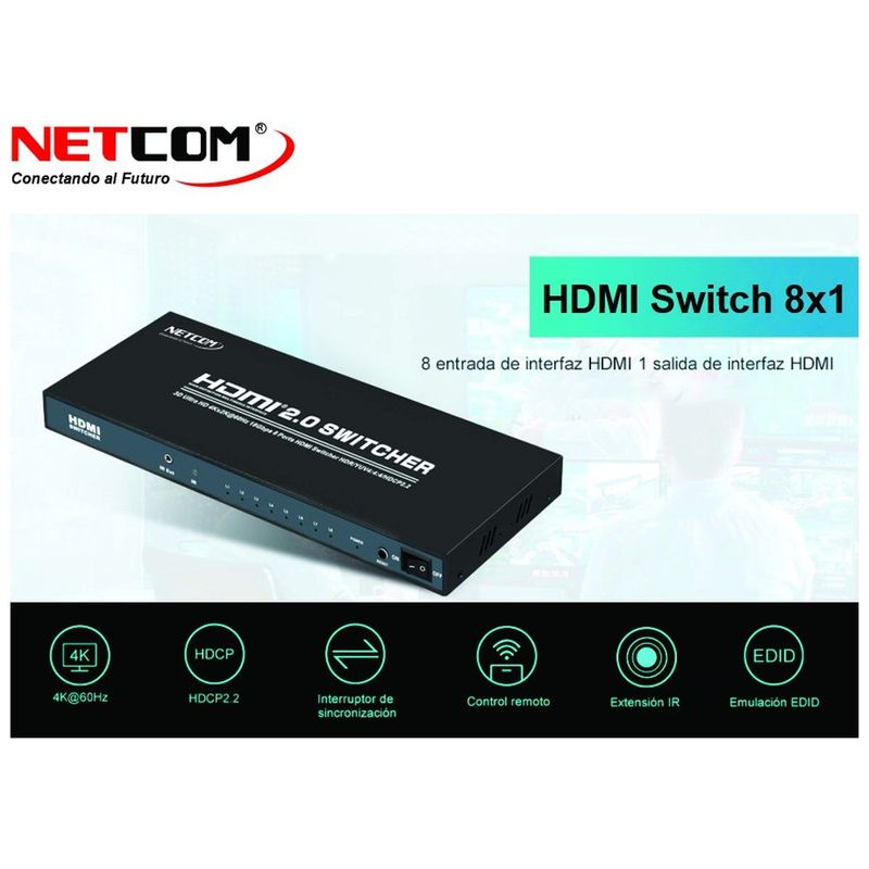 Switch-HDMI-20-8-Puertos-4K-60Hz-3D-HDR-HDCP-22-8x1-18GBps-NETCOM