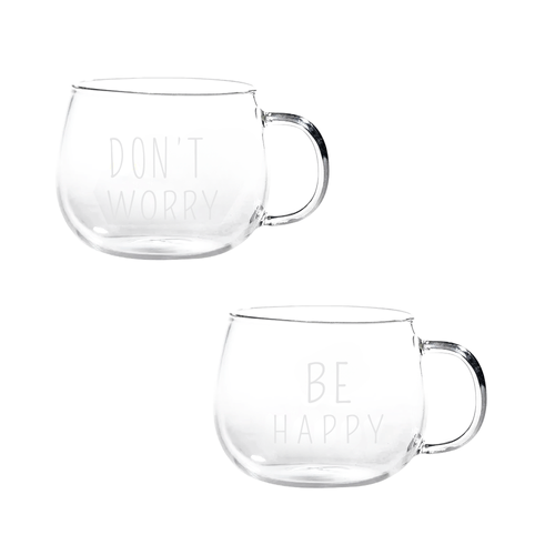 Set de 2 Tazas de Vidrio Diseño Don´t Worry Be Happy Blanco