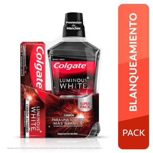 Enjuague Bucal y Pasta Dental Colgate Luminous White Carbón 500 ML y Tubo 75 ML - Pack 2 UN