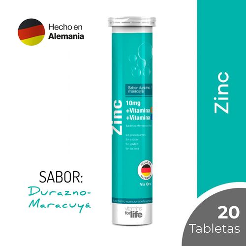 Zinc 10 mg + Vitamina C + Vitamina E Vitamins For Life Tableta Efervescente Sabor Durazno / Maracuyá