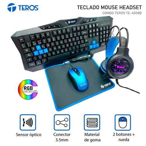 Combo Teclado Mouse Headset Mouse Pad Teros TE-4050B  Negro