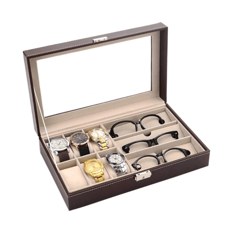 Caja-Organizadora-para-Relojes-y-Lentes-9-Compartimientos-Marron