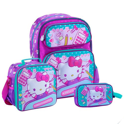 Set Scool Magic Mochila Lonchera Cartuchera Hello Kitty Satín 3D