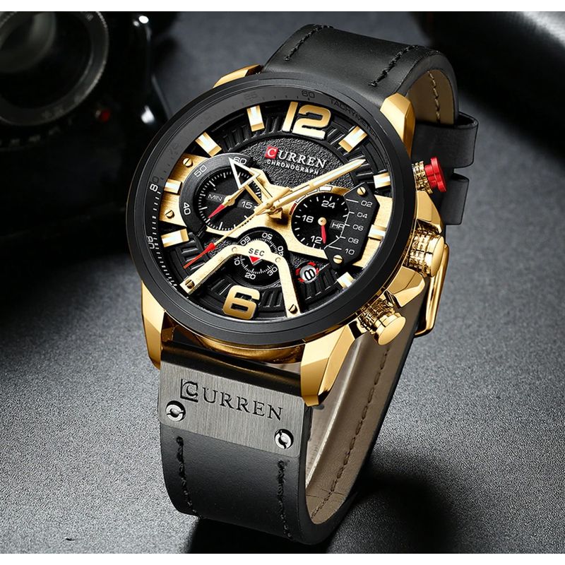 Reloj-Lujo-Hombre-CURREN-8329-Negro-Correa-Cuero-Cronografo