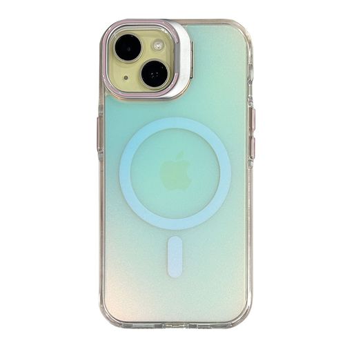Case para iPhone 16 con magsafe para carga inalámbrica, soporte en la cámara, color tornasolado con borde rosado