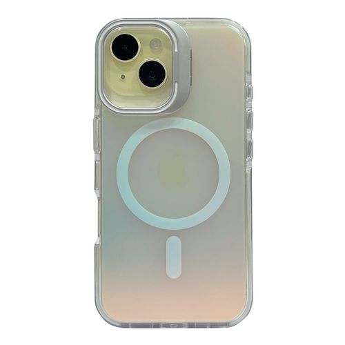 Case para iPhone 13/14 con Magsafe para carga inalámbrica, soporte en la cámara, color tornasolado con borde blanco
