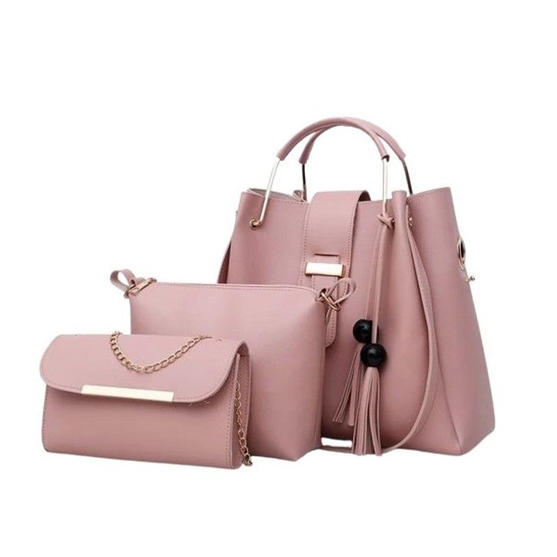 Cartera-Bolso-Billetera-3-en-1-Cuero-Pu-Alta-Calidad-Grande-Rosado